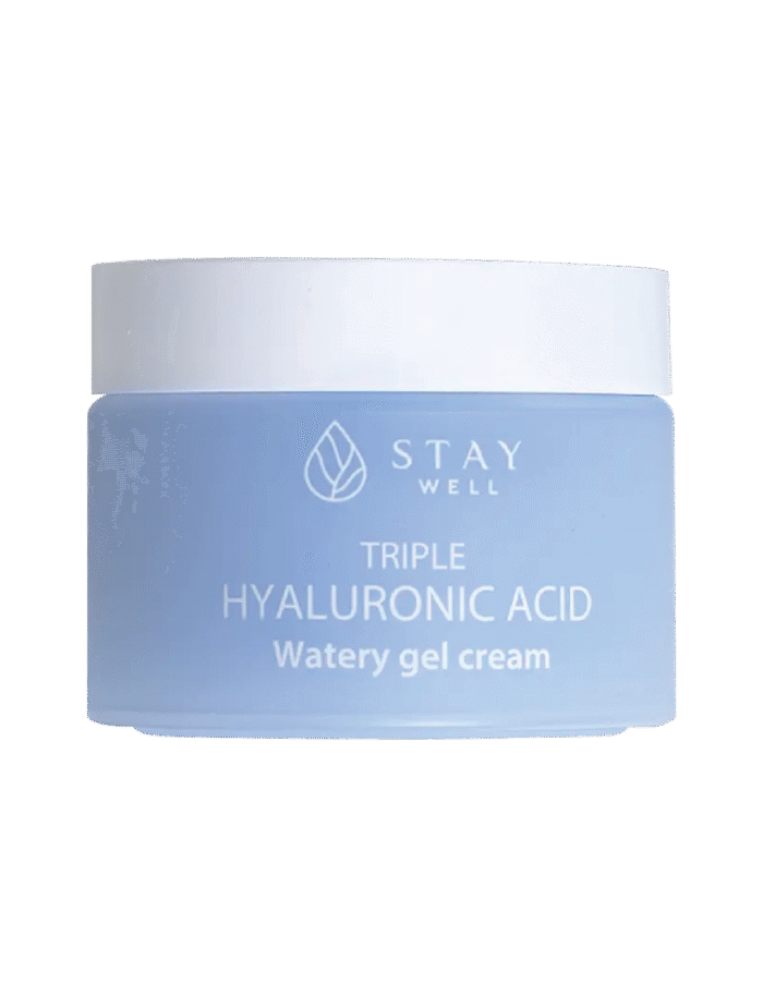 Triple hyaluronic acid gel kräm från StayWell med små pärlor som krossas för återfuktning
